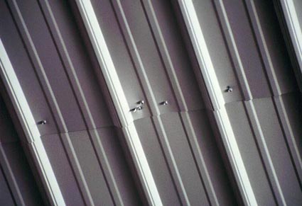 closeup photo of overlapping corrugated steel sheets fastened with screws