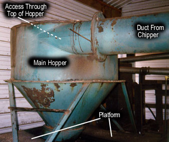 Photo 2: Hopper with captions indicating location of access through top of hopper, duct from chipper, and main hopper