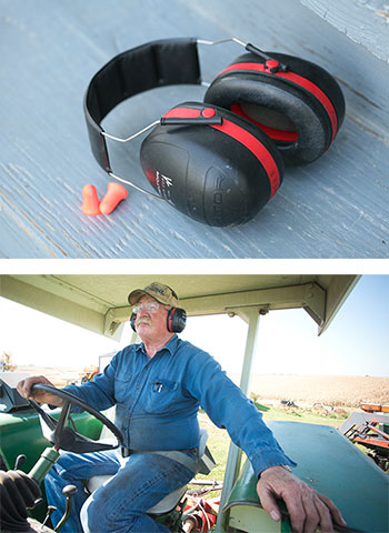 photos of earmuffs and farmer wearing earmuffs while driving tractor