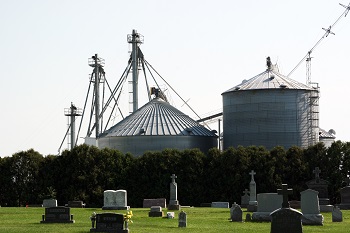 Photo of grain bins next to cemetery.<br /> 