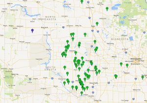 Google Map image of Hutterite Colony locations in the northern plains. 