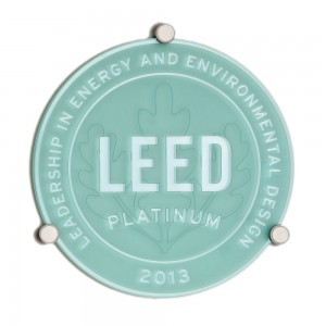 The LEED Platinum Certification medallion awarded to the University of Iowa College of Public Health Building.
