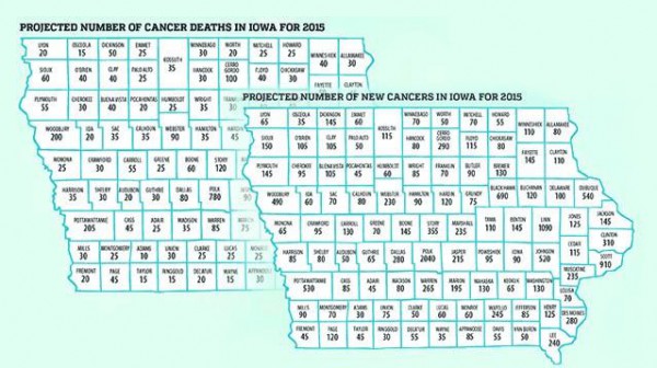 graphics showing county-by-county projected number of cancer deaths and new cancer cases in Iowa for 2015. 