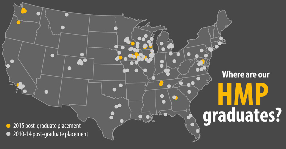 Map showing the placement of University of Iowa Health Management and Policy graduates from 2010-2015.