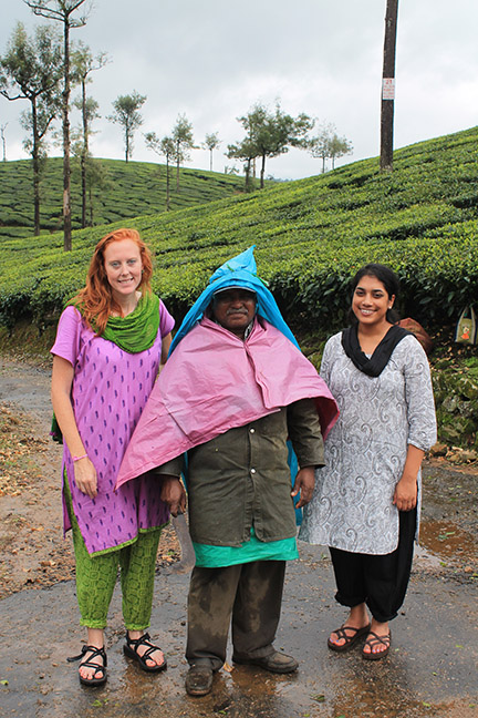 Josie Rudolphi and Maya Ramaswamy with a tea worker in southern India