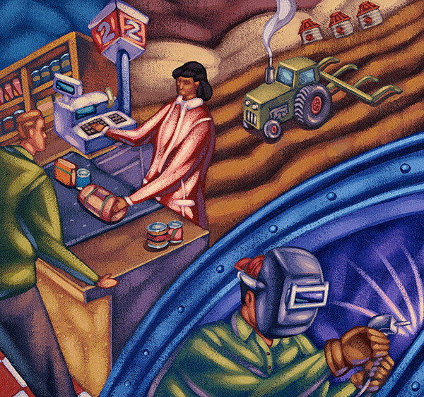 illustration of farming and industry scenes