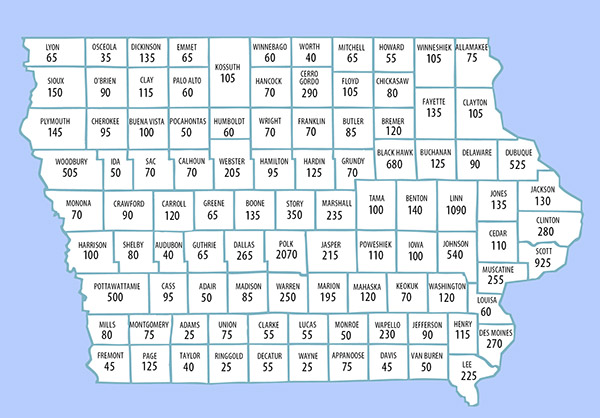 map of Iowa counties showing estimated number of new cancers for 2016