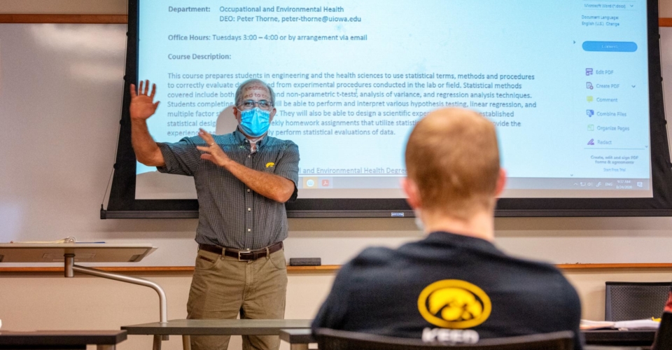 Patrick O'Shaughnessey teaching in the College of Public Health Building