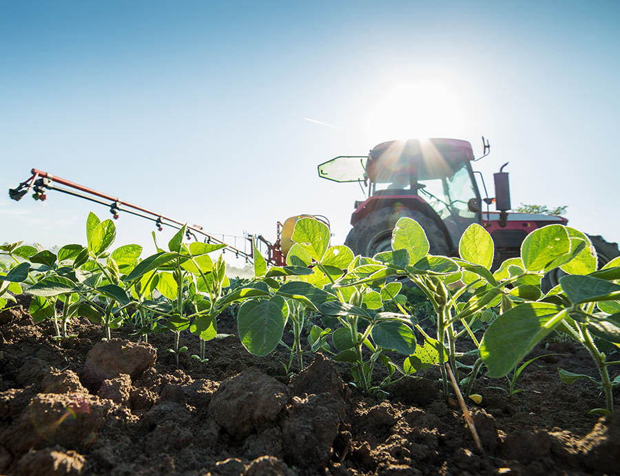 Tractor spraying soybean crops with pesticides and herbicides