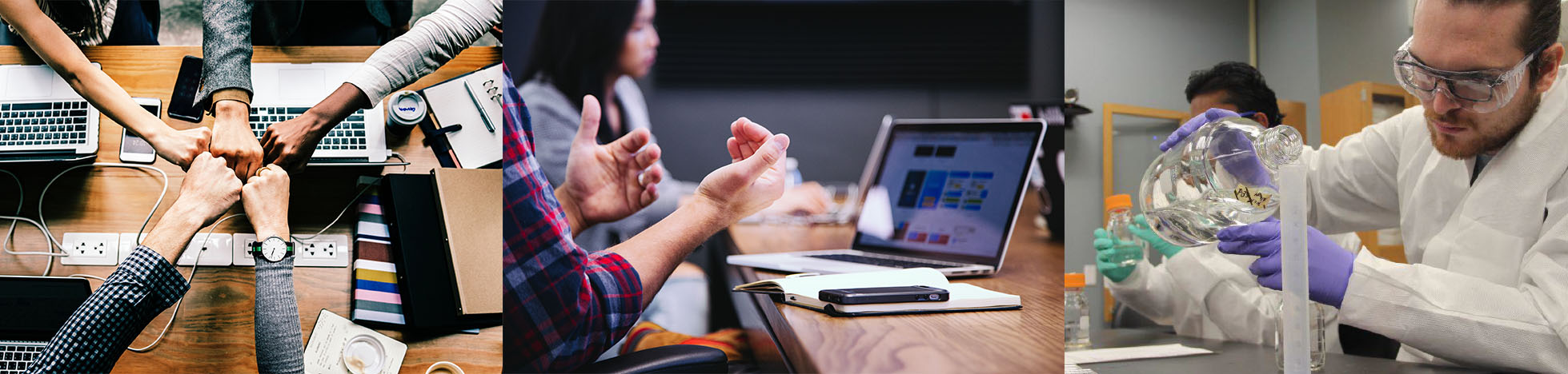 Three pictures of public health careers. The first one shows several people fist-bumping over an office table, the second one shows people at work at a computer and the third one shows a person in a laboratory.