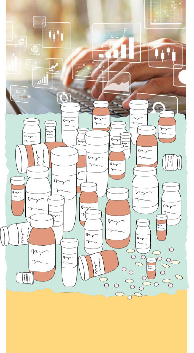 photo illustration of pills, computer, data