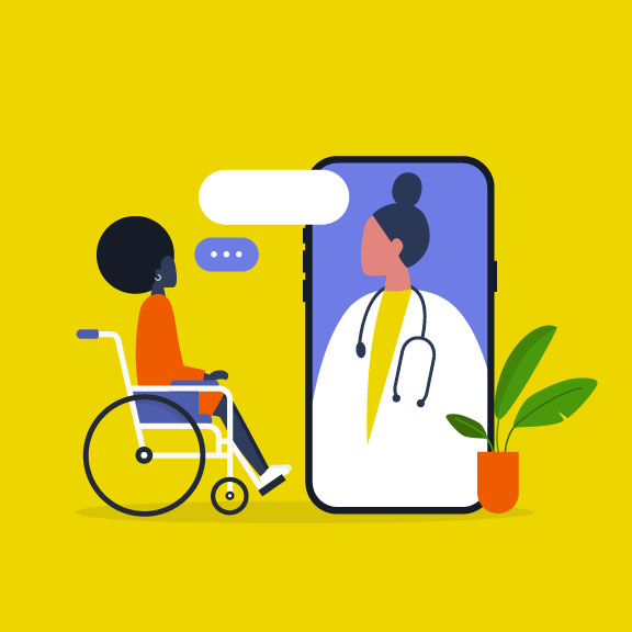 illustration of person in wheelchair talking to doctor by phone