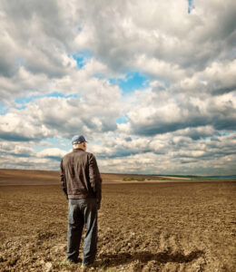 senior man in working clothes standing at spring season farmland fields