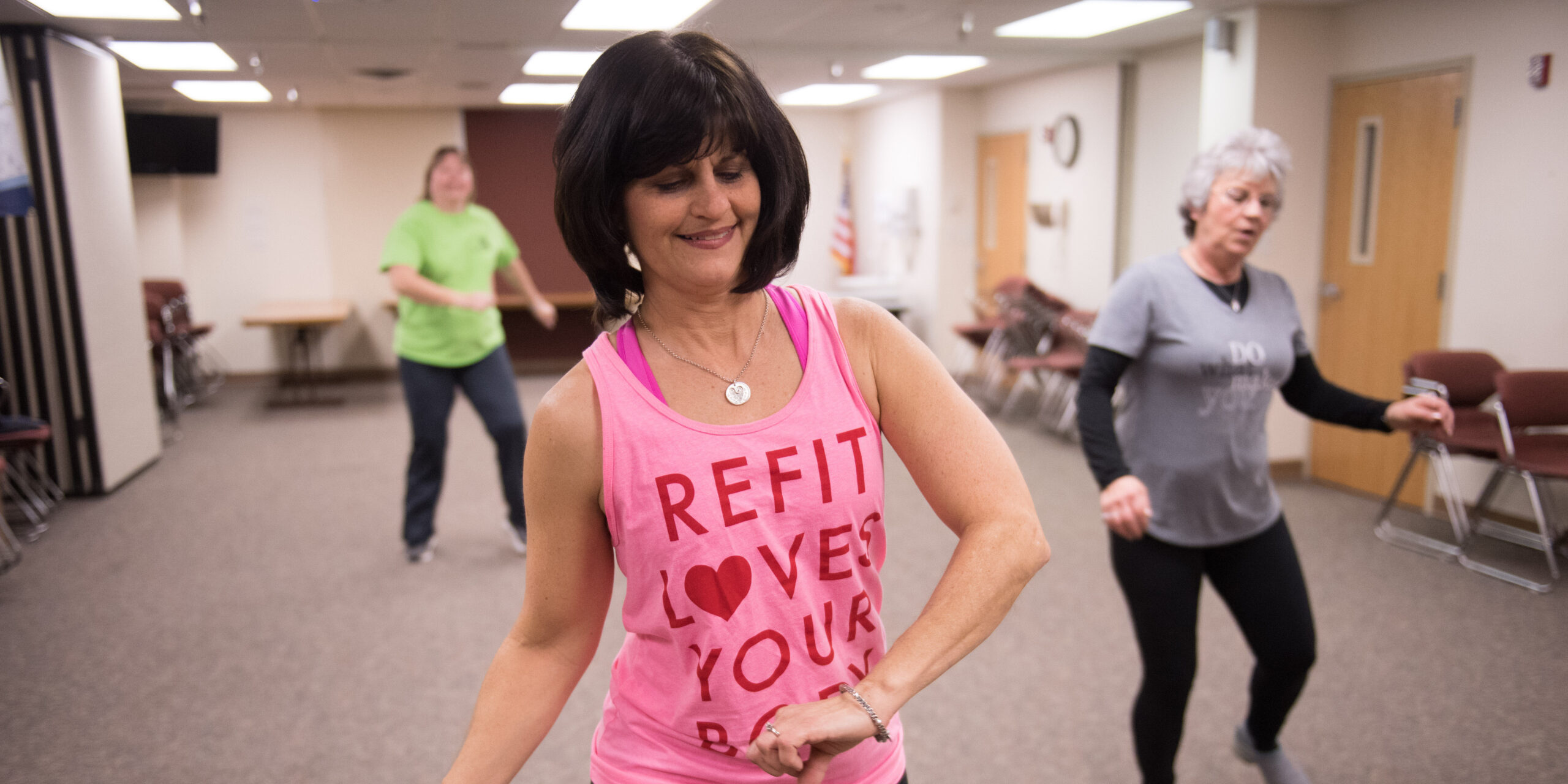 Instructor teaching a fitness class in Ottumwa, Iowa.