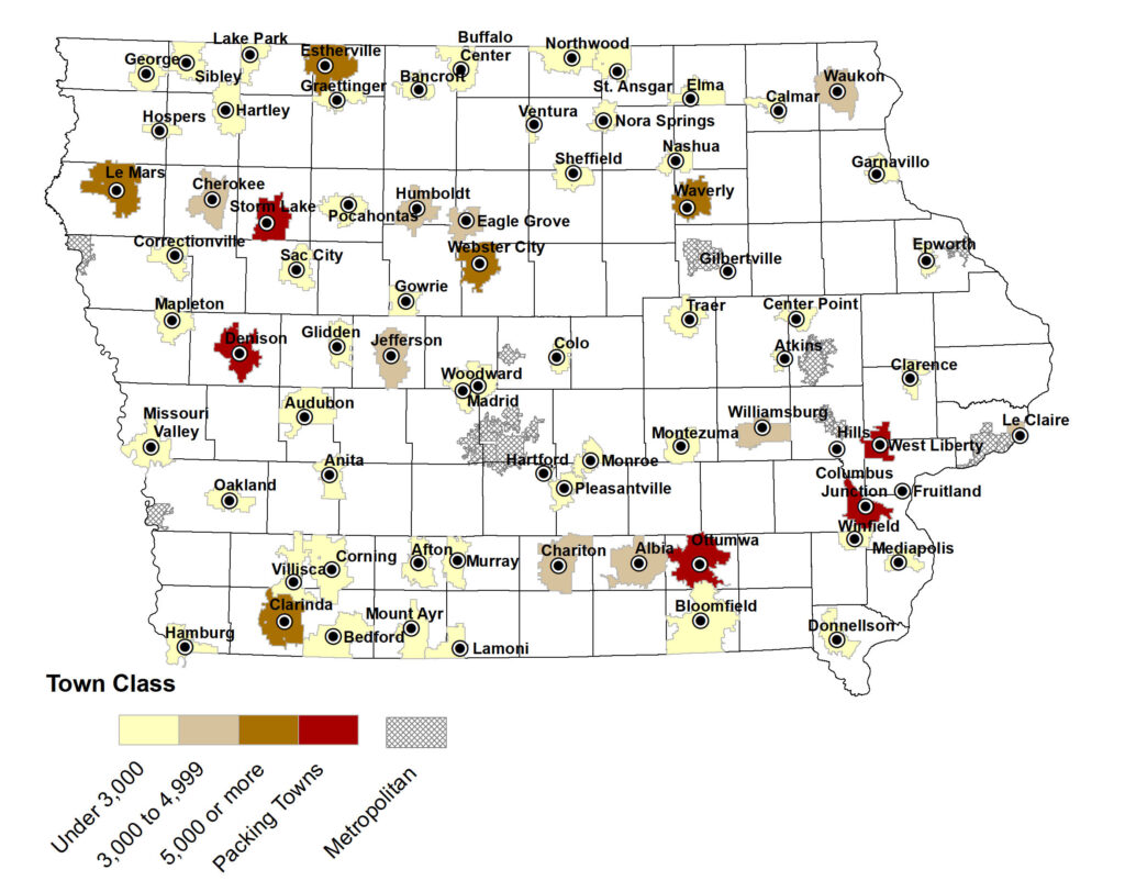 map showing Iowa towns included in survey