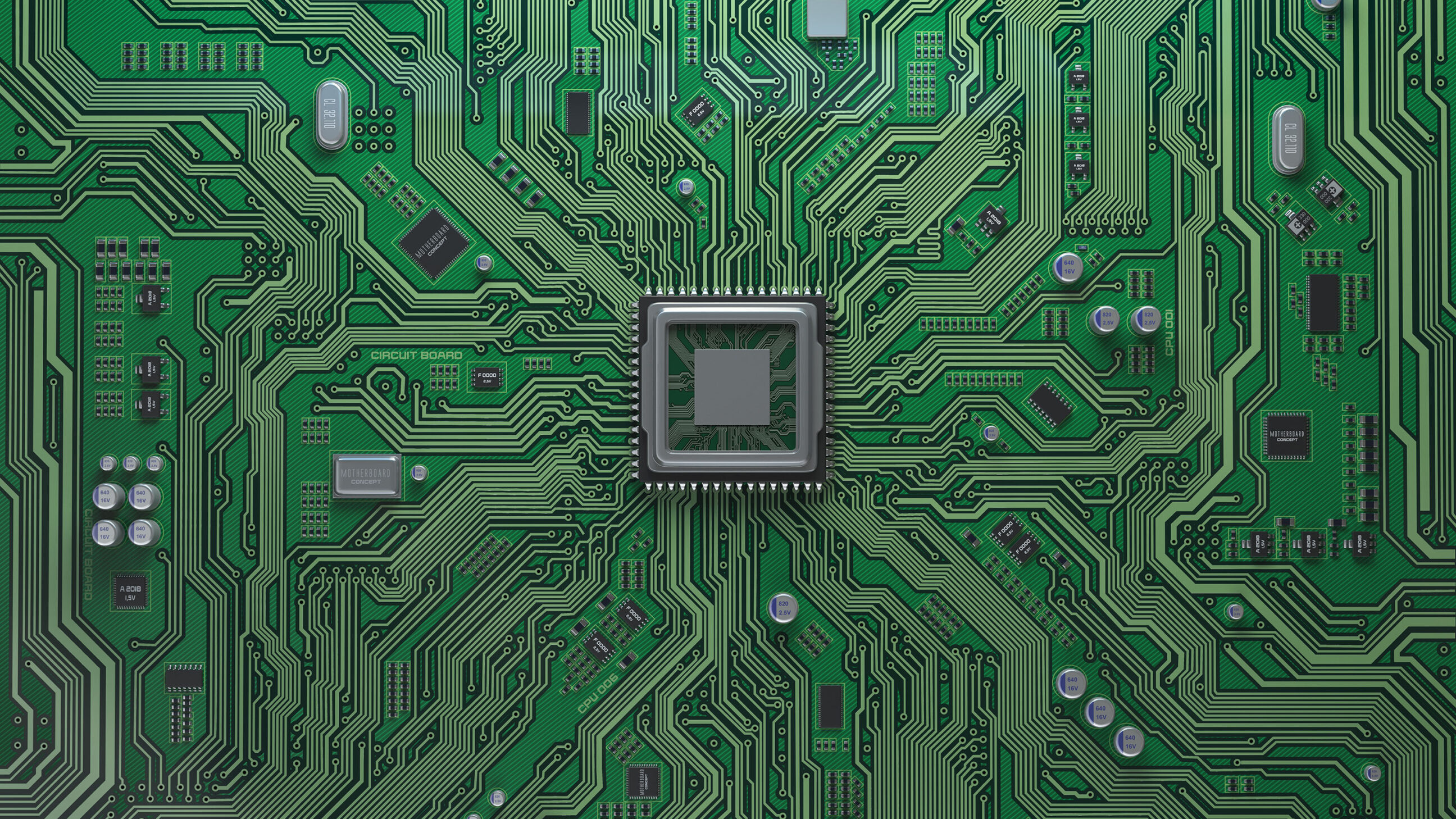 Computer motherboard with CPU. Circuit board system chip with core processor. Computer technology background. 3d illustration