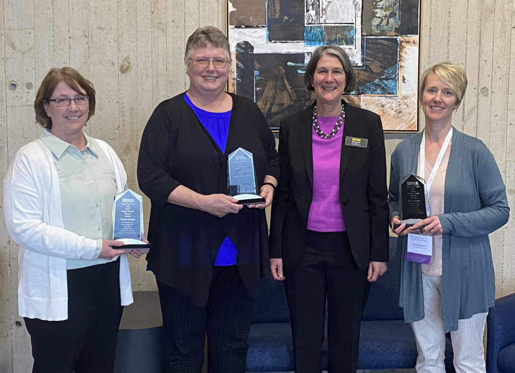 2022 Public Health Heroes Charla Schafer, Kathy Linenkugel, and Tai Burkhart with College of Public Health Dean Edith Parker