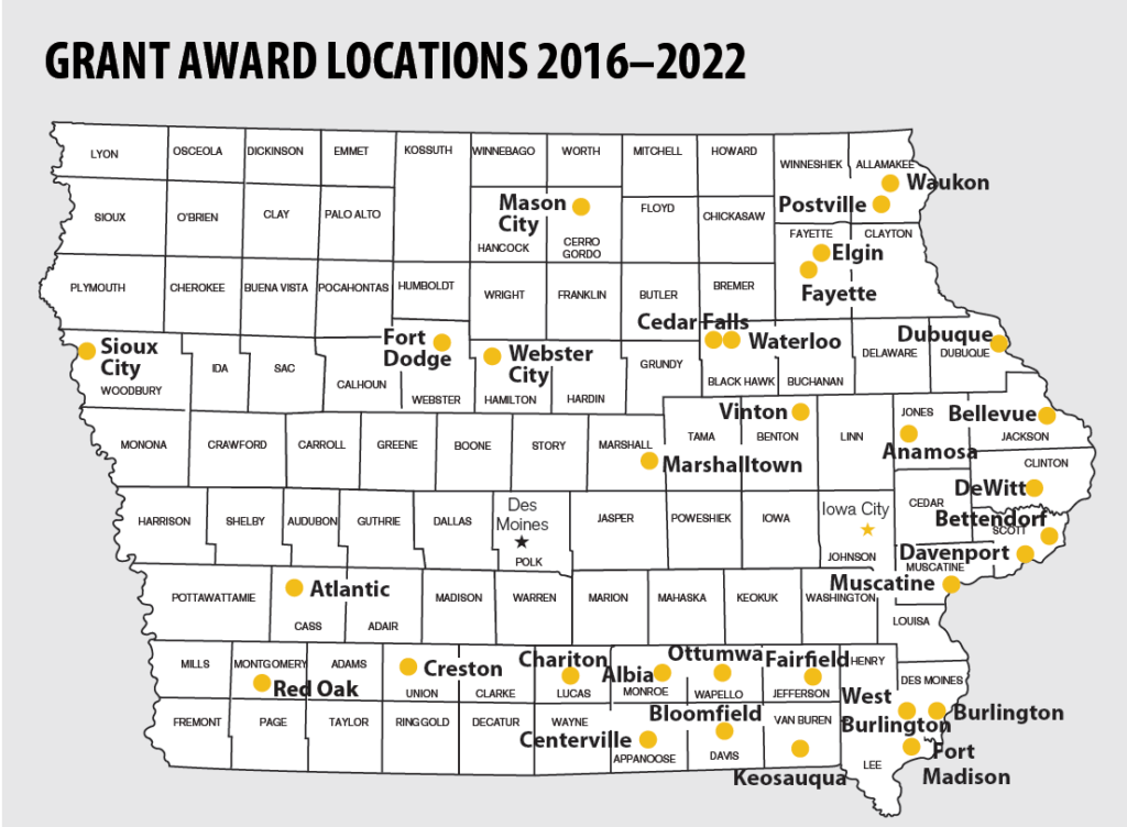 Map of Business Leadership Network Community Grant locations from 2016-2022.