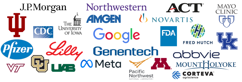 Logos of businesses and organizations that employ College of Public Health Biostatistics graduates: J.P. Morgan, Meta, Indiana University, Pfizer, Eli Lilly, the Centers for Disease Control and Prevention, the University of Iowa, AMGEN, Northwestern University, Google, Genentech, the Food and Drug Administration, Fred Hutchinson Center Center, Novartis, AbbVie, ACT, the Mayo Clinic, the University of Kentucky, Genentech, the University of Colorado, and many more.