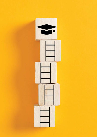 photo illustration of a ladder leading upwards to a graduation cap