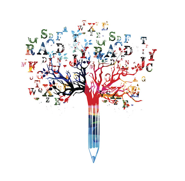 colorful illustration of a pencil branching into letters to show storytelling concept