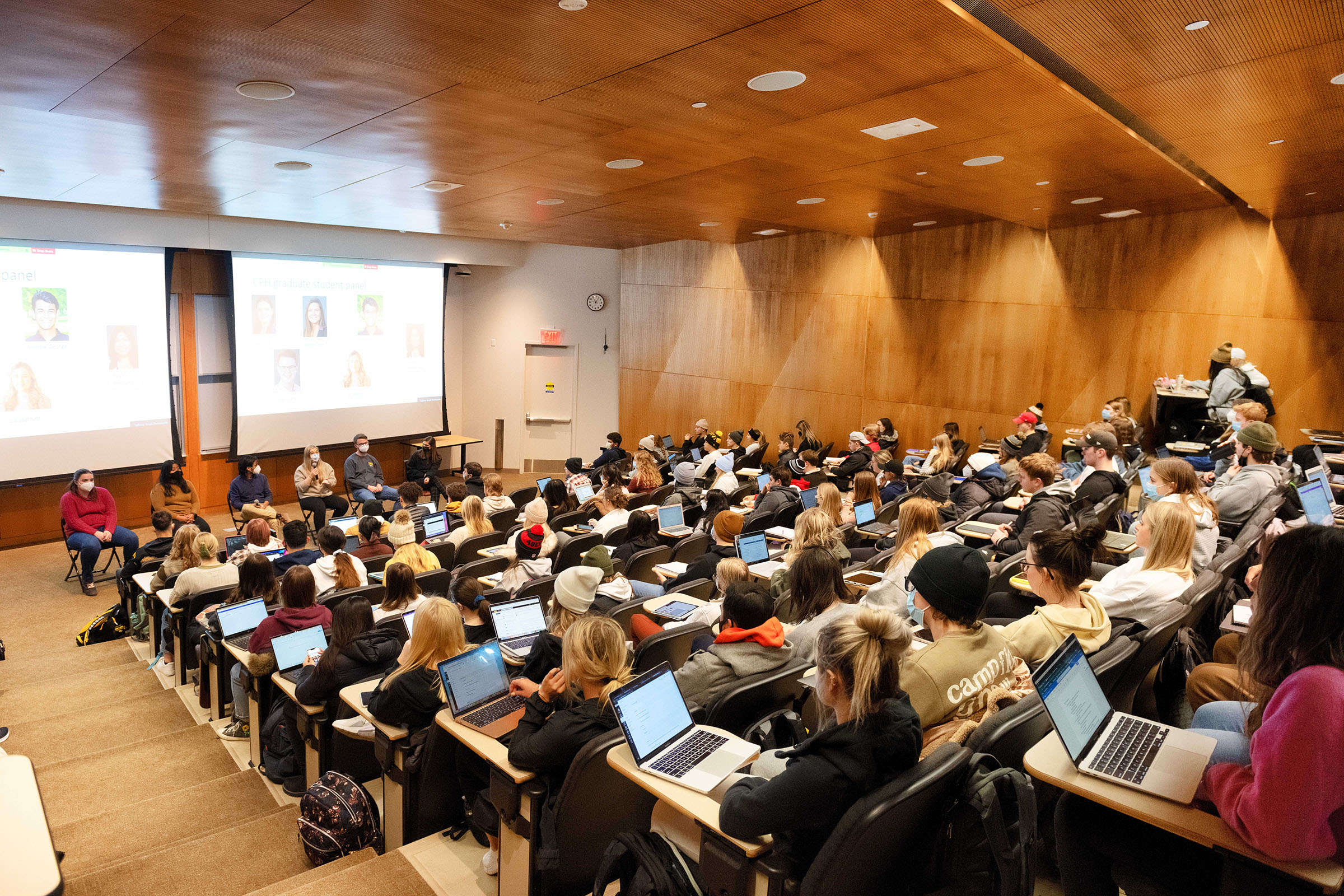 Students gathered for a panel discussion at Callaghan Auditorium at the University of Iowa College of Public Health Building.