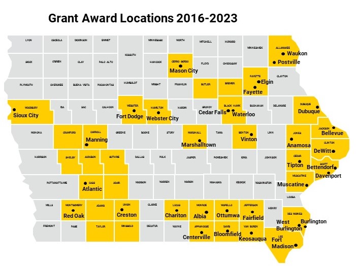 Map of Business Leadership Network Community Grant locations from 2016-2023.