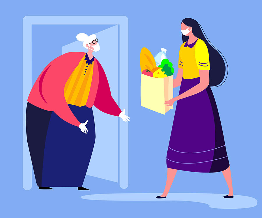 illustration of a young woman delivering groceries to an elderly woman