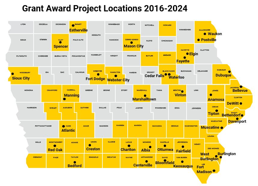 Map of Business Leadership Network Community Grant award project locations from 2016-2024.