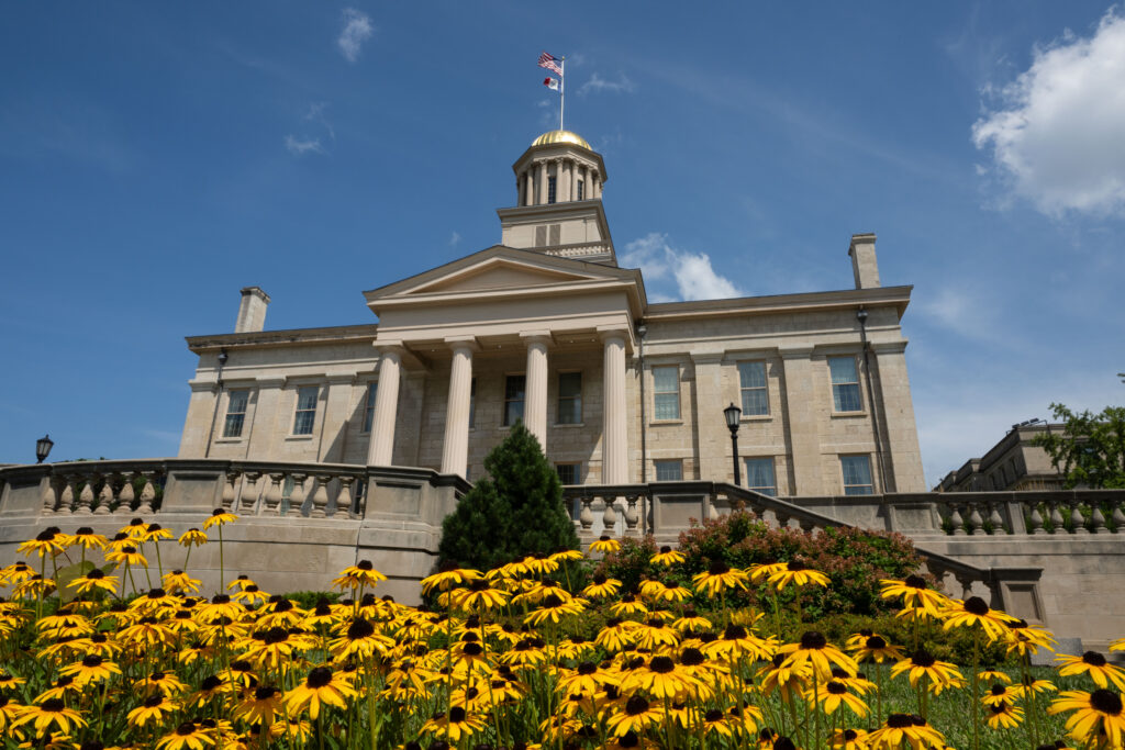 Black and yellow flowers decorate the lawn on the west side of the Old Capitol.