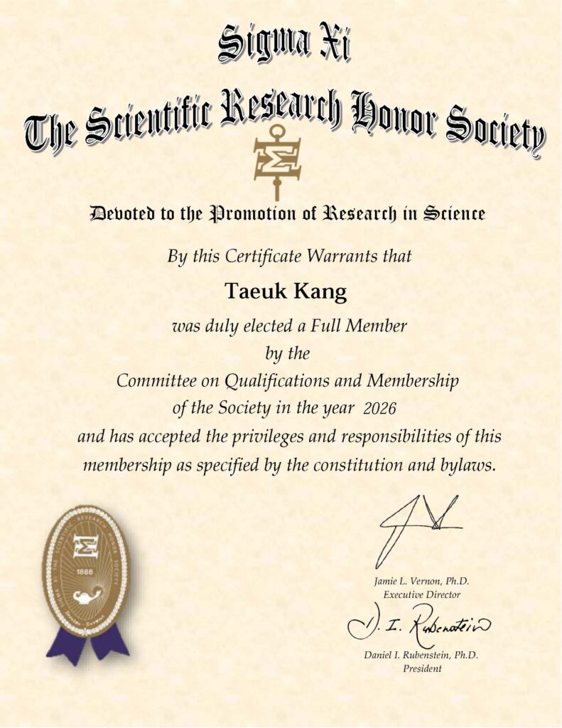 Certificate of Membership for Taeuk Kang, duly elected full member by the Committee on Qualifications and Membership of the Society in the year 2026.