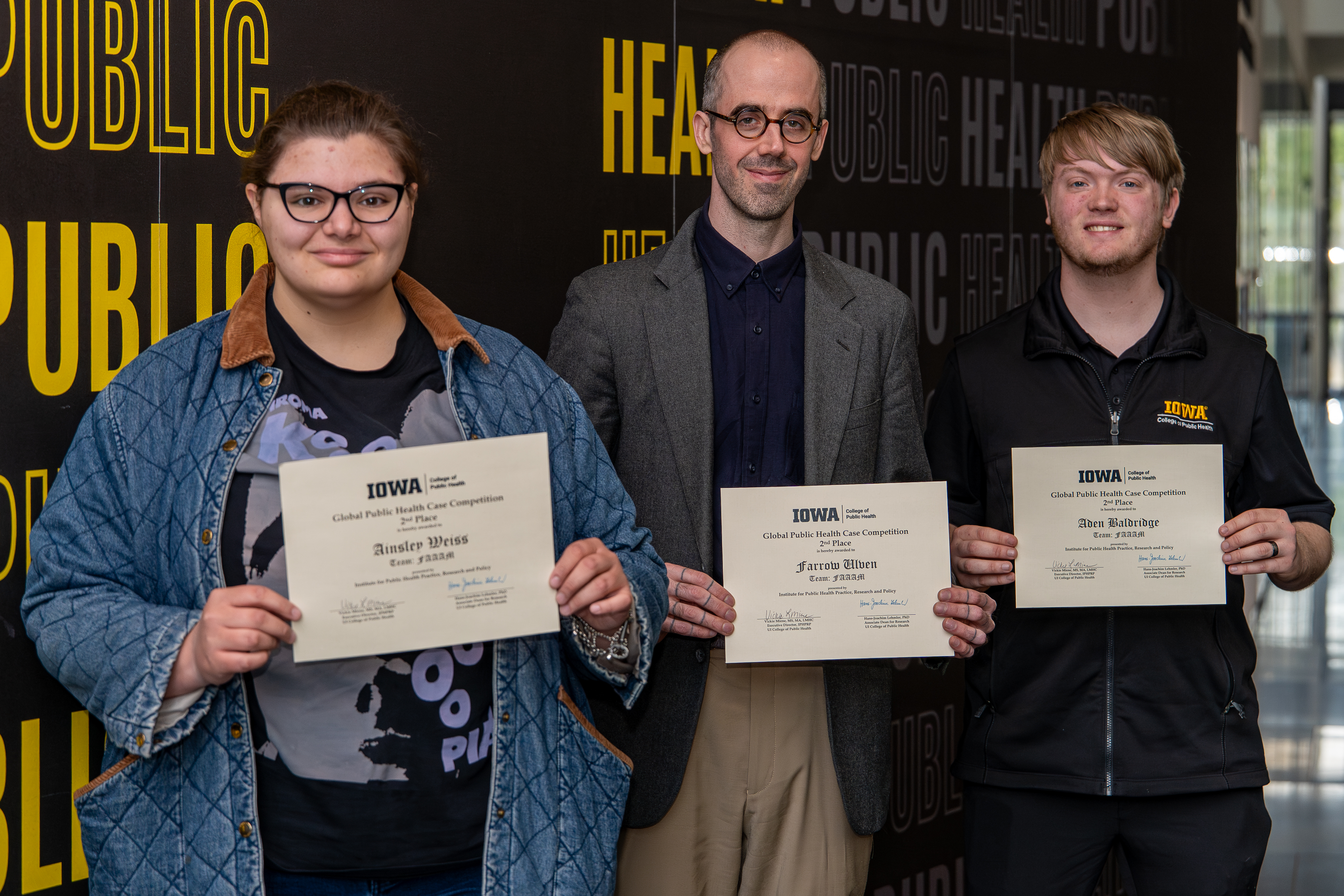 Image of 3 students from team FAAAM, 2nd place in the 2026 Global Health Case Competition