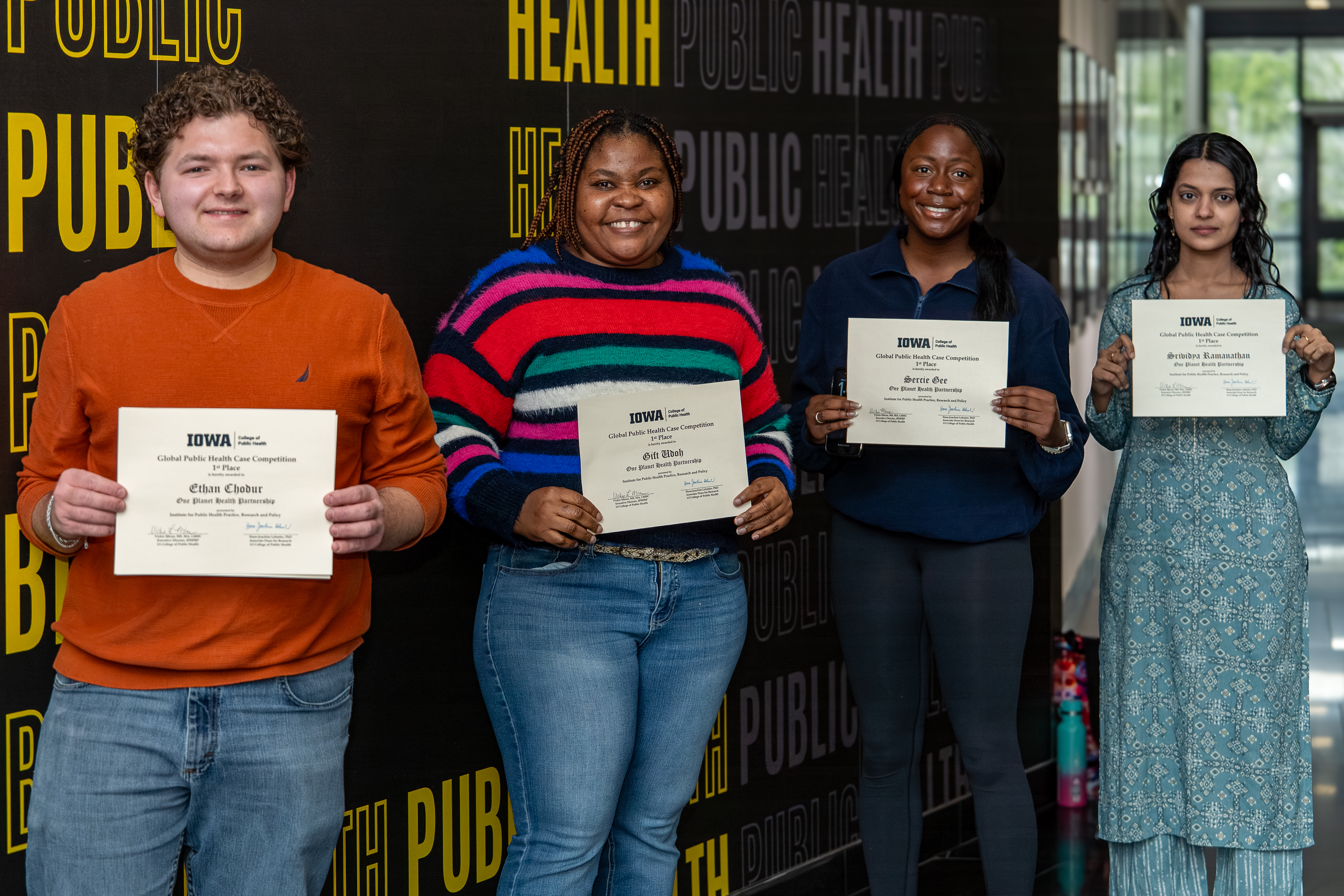 Image of 4 students in team One Planet Health Partnership - 1st place in the 2026 Global Health Case Competition.